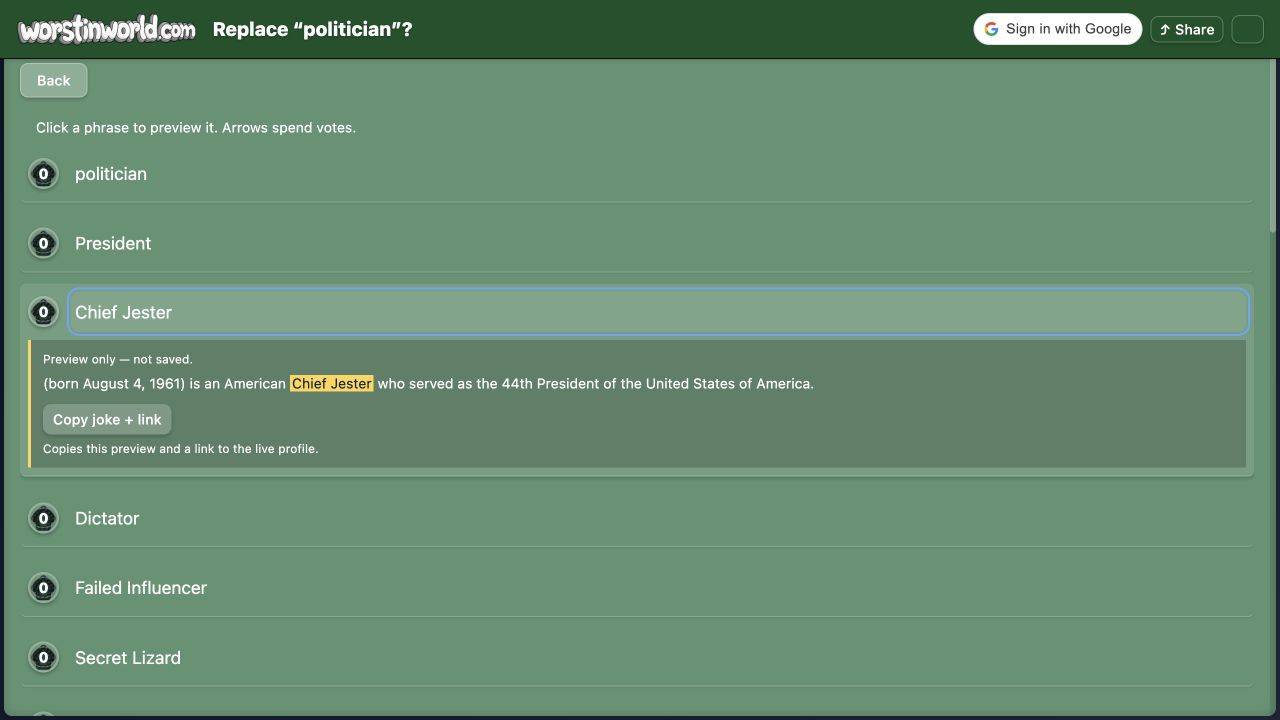 Actual signed-out gameplay: Chief Jester is selected as a replacement for politician. The sentence appears in a panel labeled Preview only — not saved, with a Copy joke + link button.