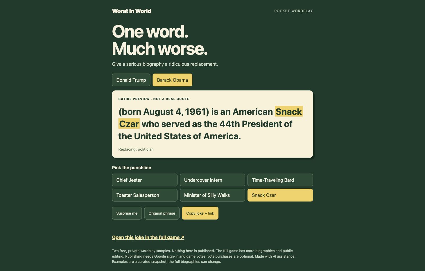 Actual Pocket Wordplay screen: Barack Obama is selected and politician is replaced with Snack Czar in a sentence labeled Satire preview — Not a real quote. Six punchline buttons and Copy joke + link appear below.